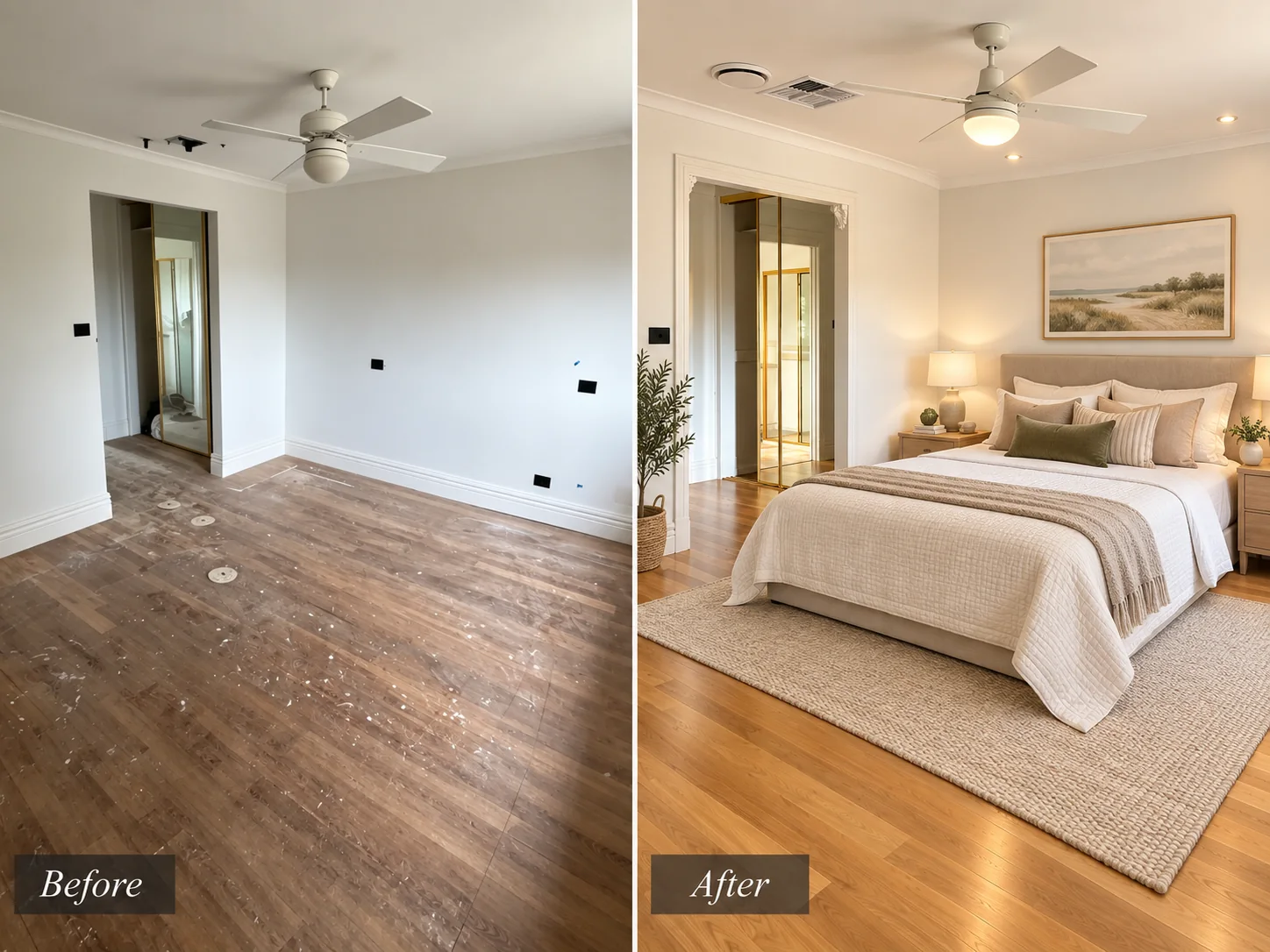 Bedroom floor before and after, shown side by side