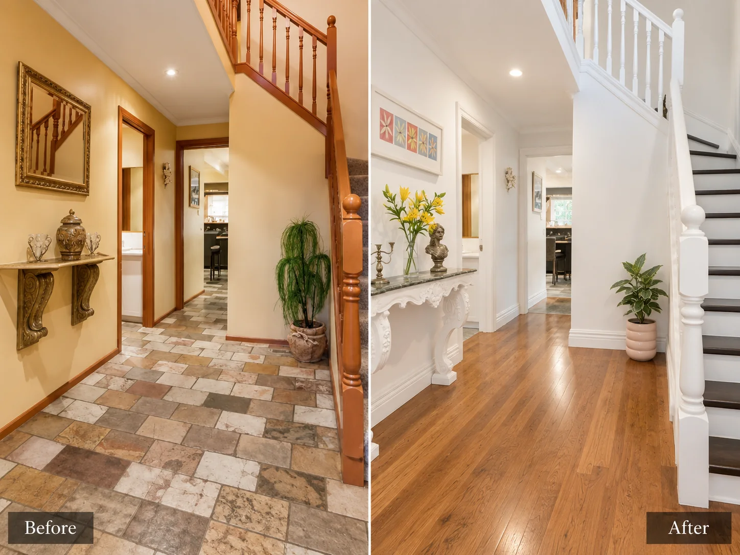 Entry hall floor before and after, shown side by side