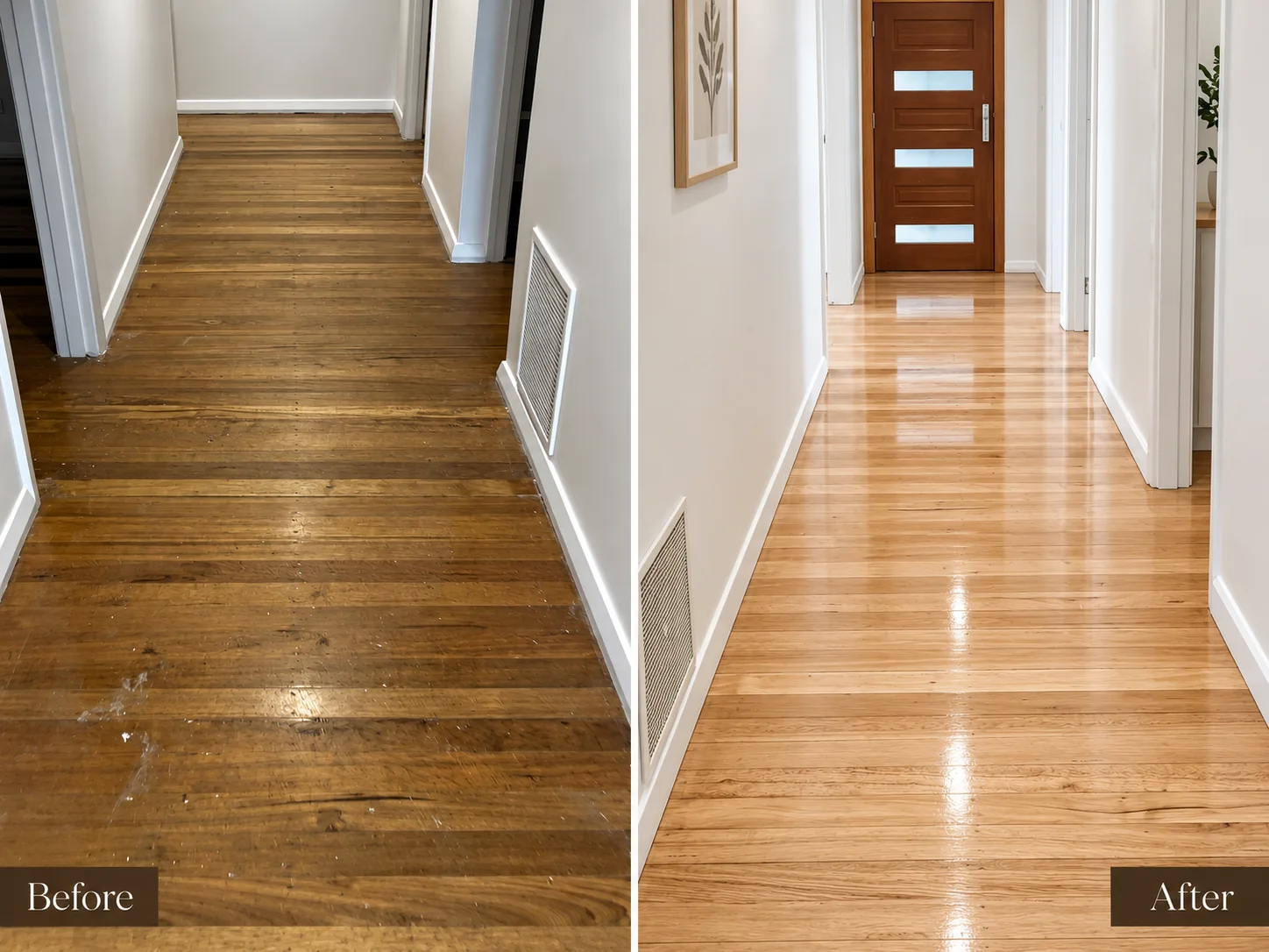 Hallway floor before and after, shown side by side