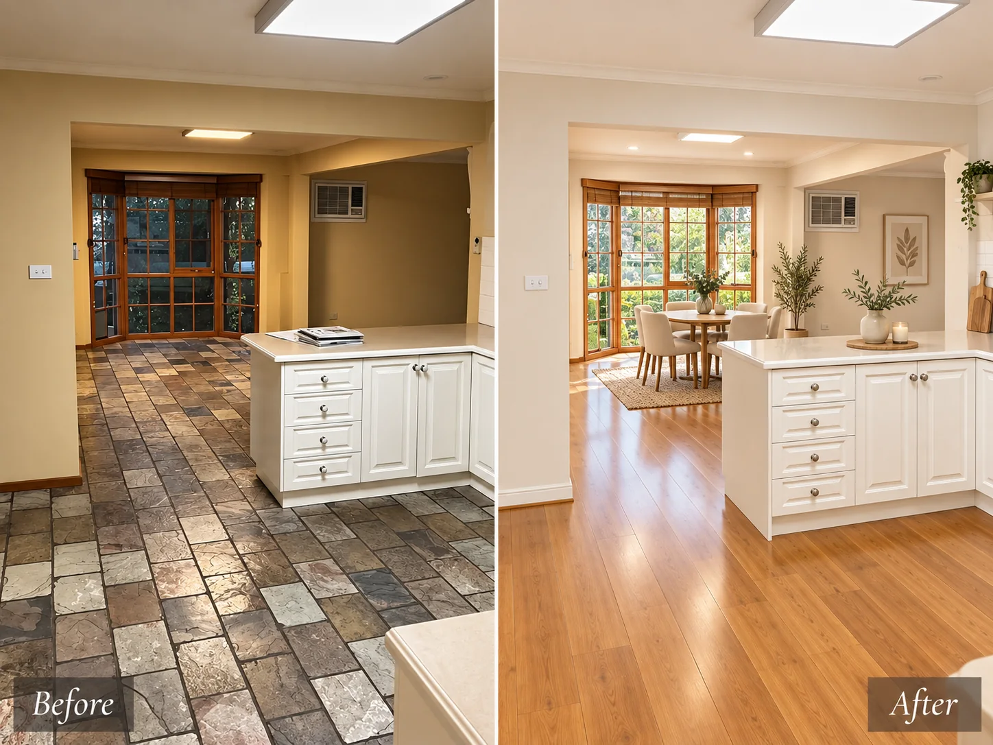 Kitchen floor before and after, shown side by side