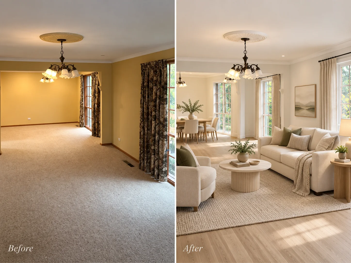 Living and dining room floor before and after, shown side by side