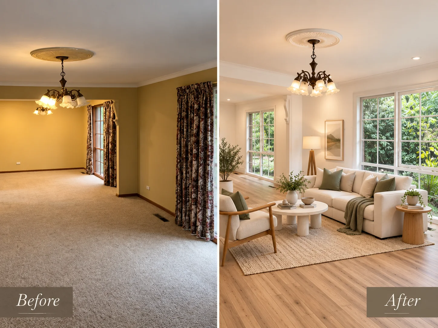 Living room floor before and after, shown side by side