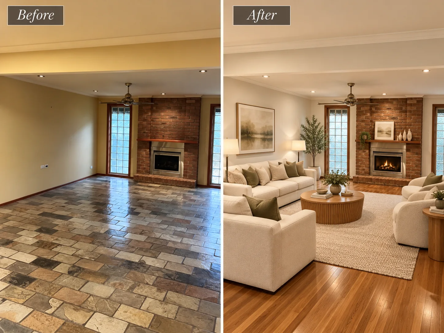 Living room with fireplace, floor before and after shown side by side