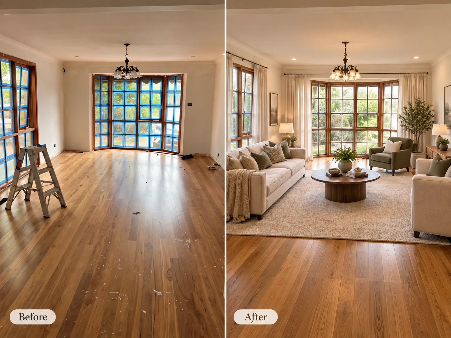 Lounge room floor before and after, shown side by side