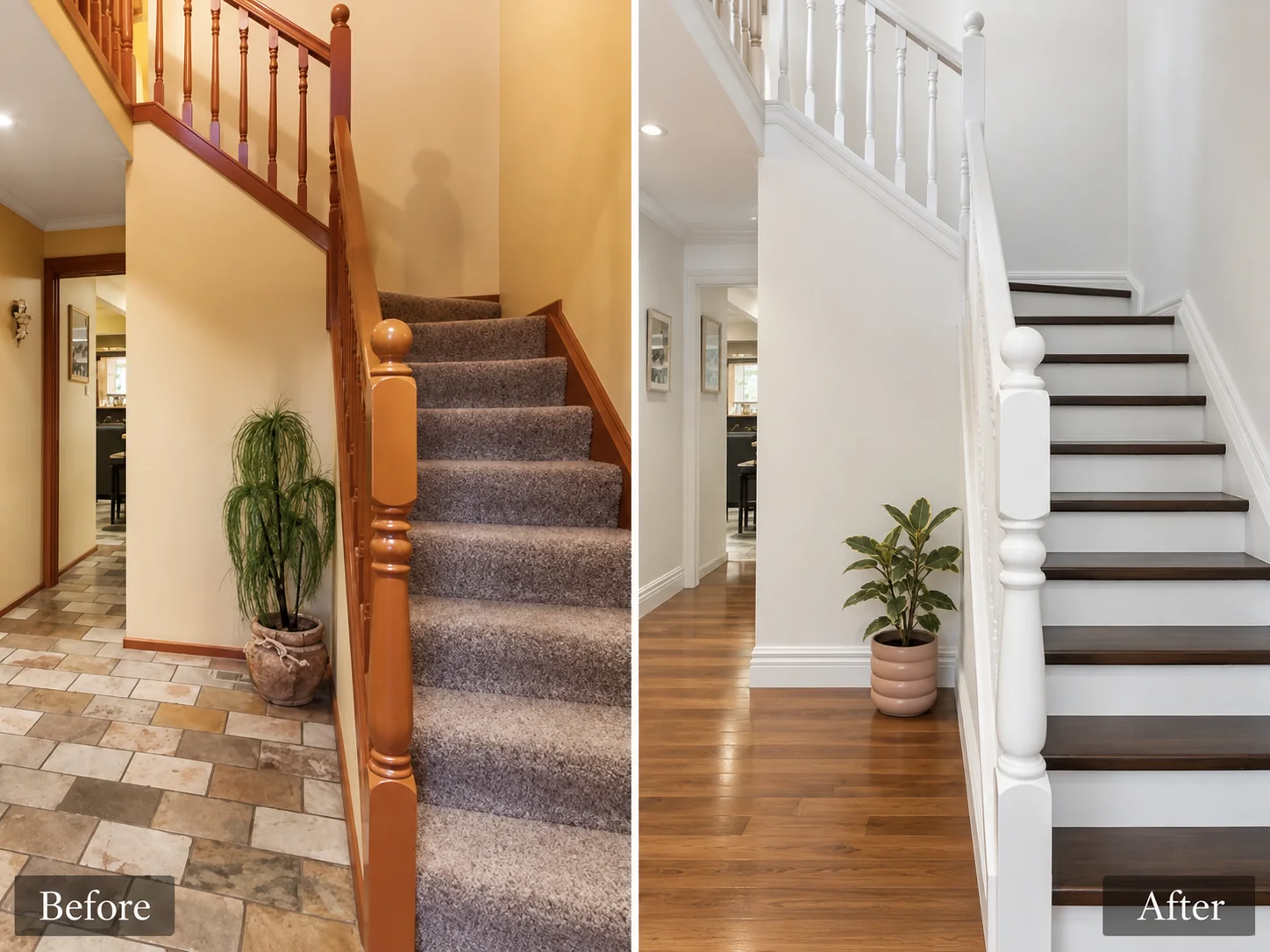 Staircase before and after, shown side by side