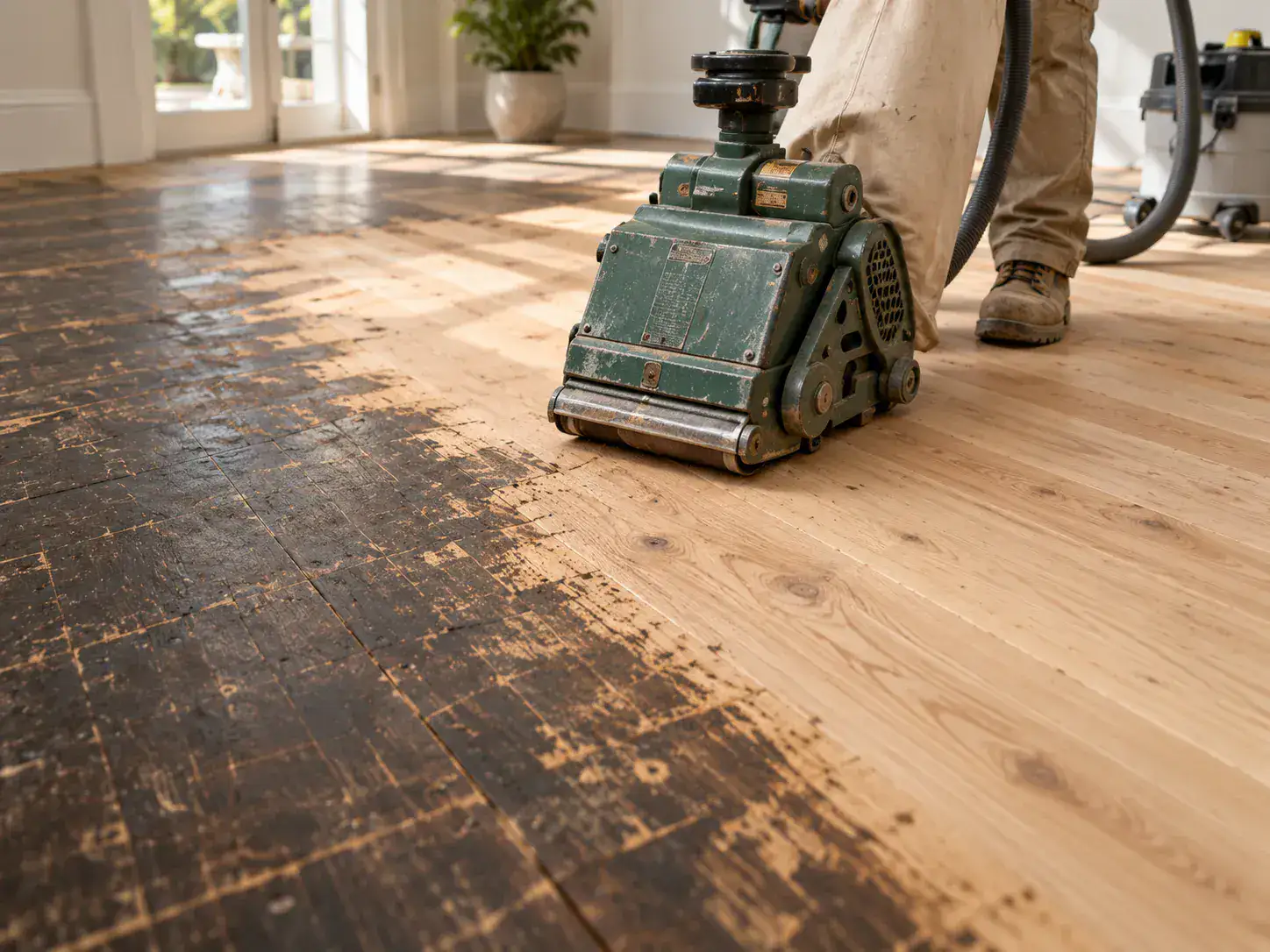 Floor sanding machine working on timber flooring