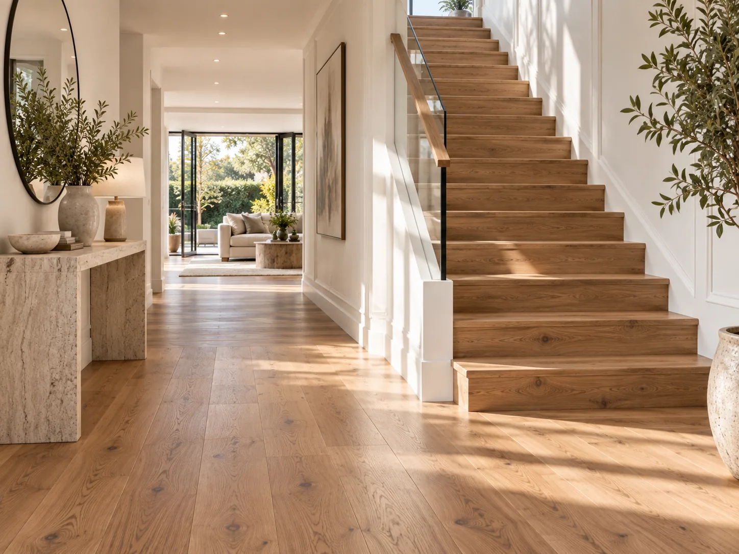 Timber stairs and flooring in a bright interior