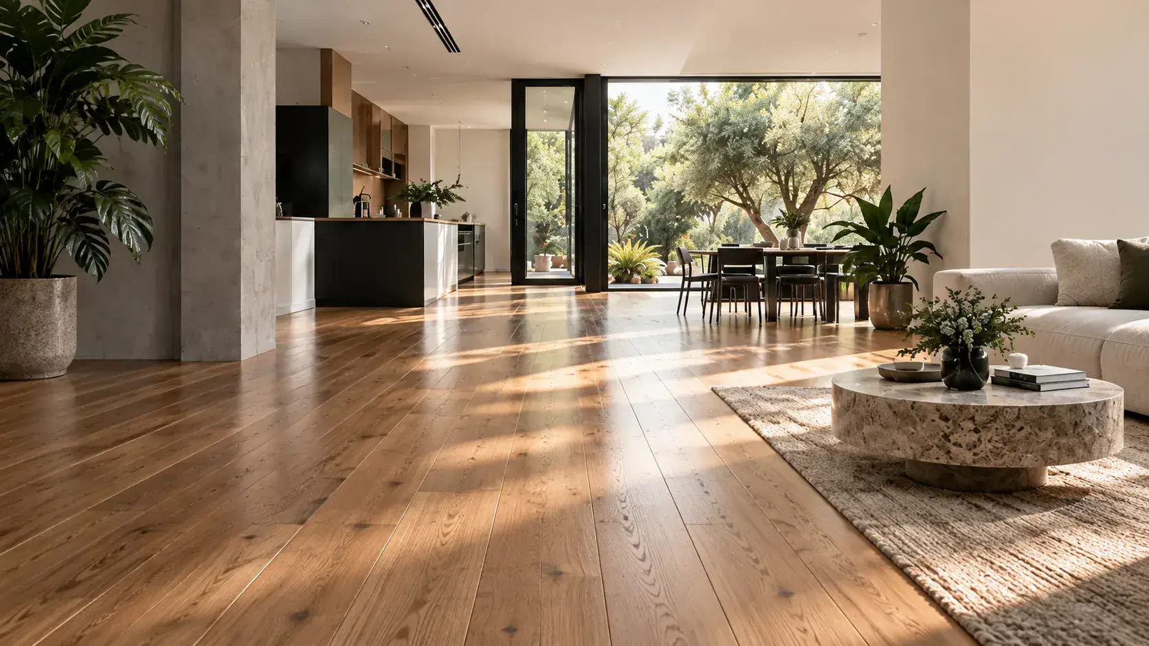 Sunlit timber floor across a contemporary living and dining room