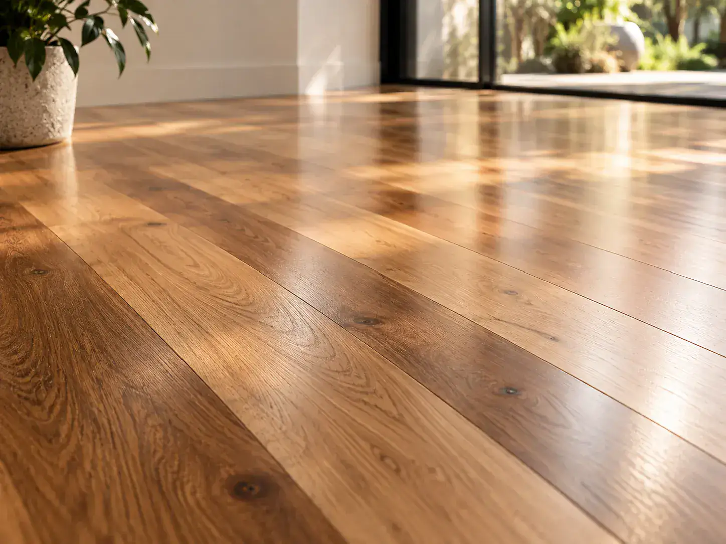Light reflecting across a polished timber floor