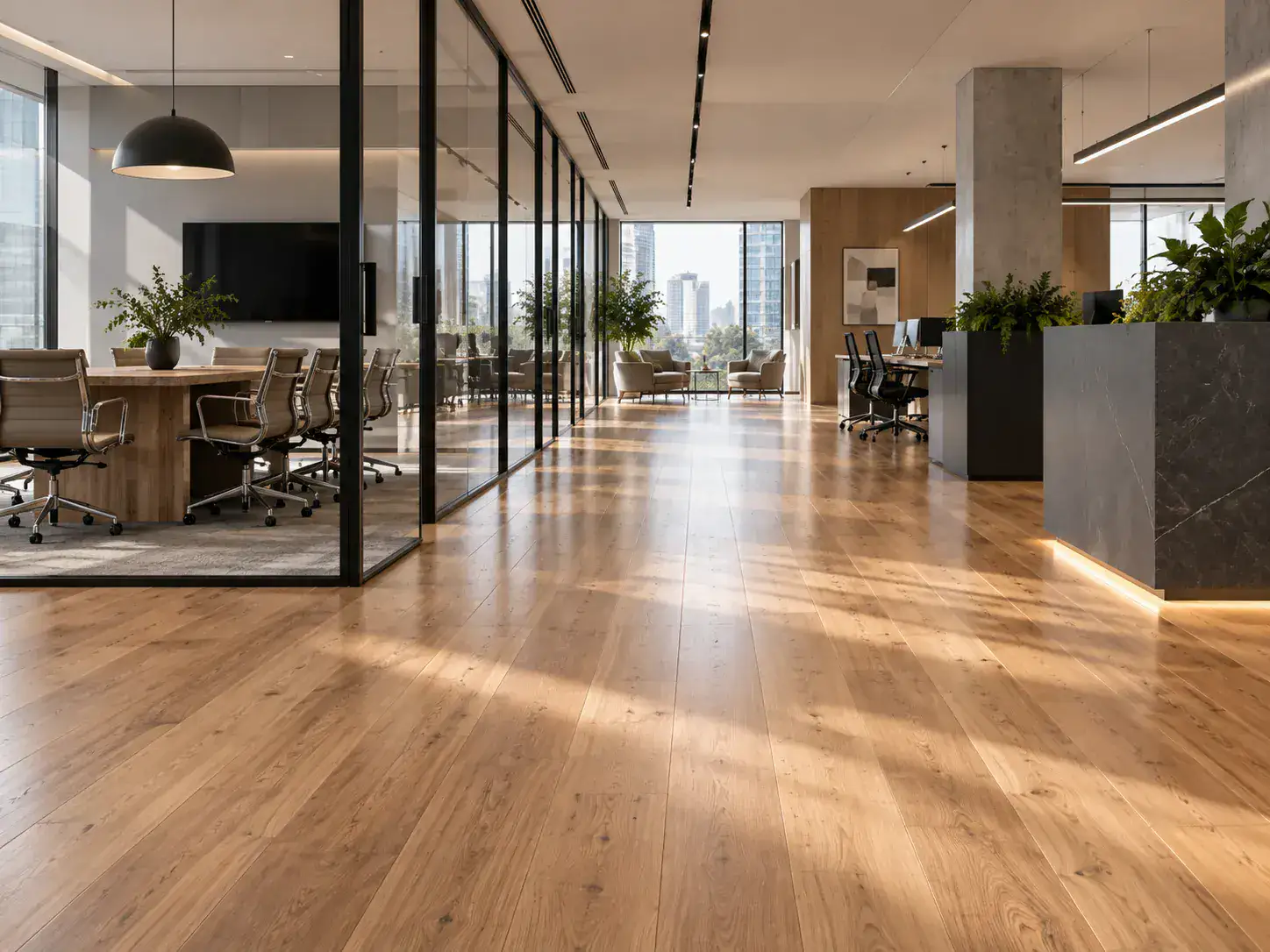 Timber flooring through a bright commercial office interior