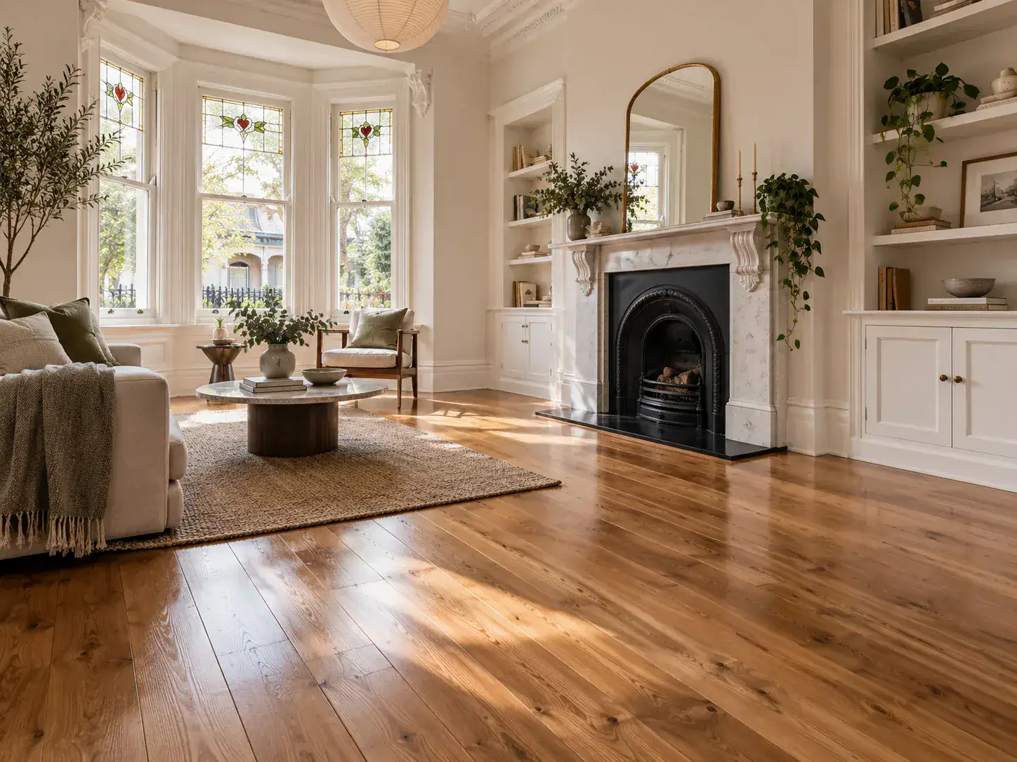 Timber floor in a heritage living room with a fireplace