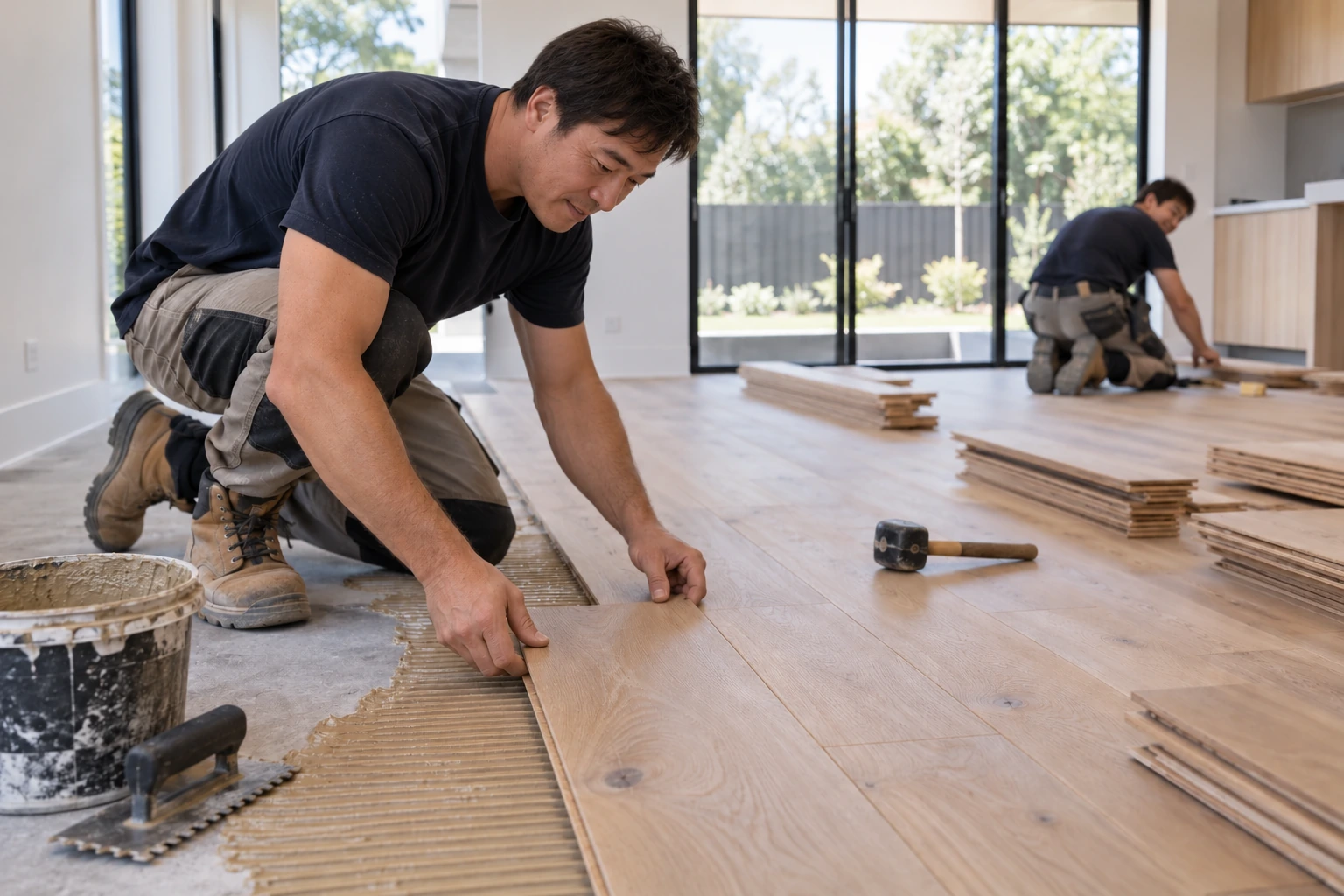Timber flooring boards being installed over a prepared subfloor
