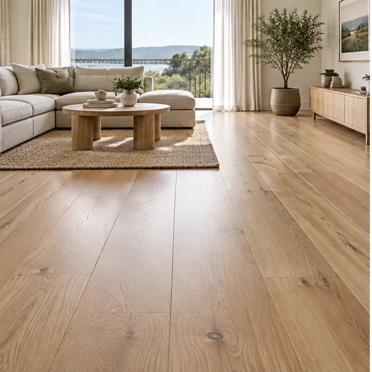 Light oak-toned timber flooring in a sunlit living room
