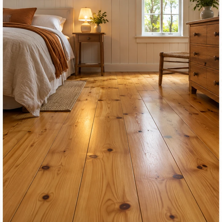 Warm-toned pine timber flooring in a bedroom
