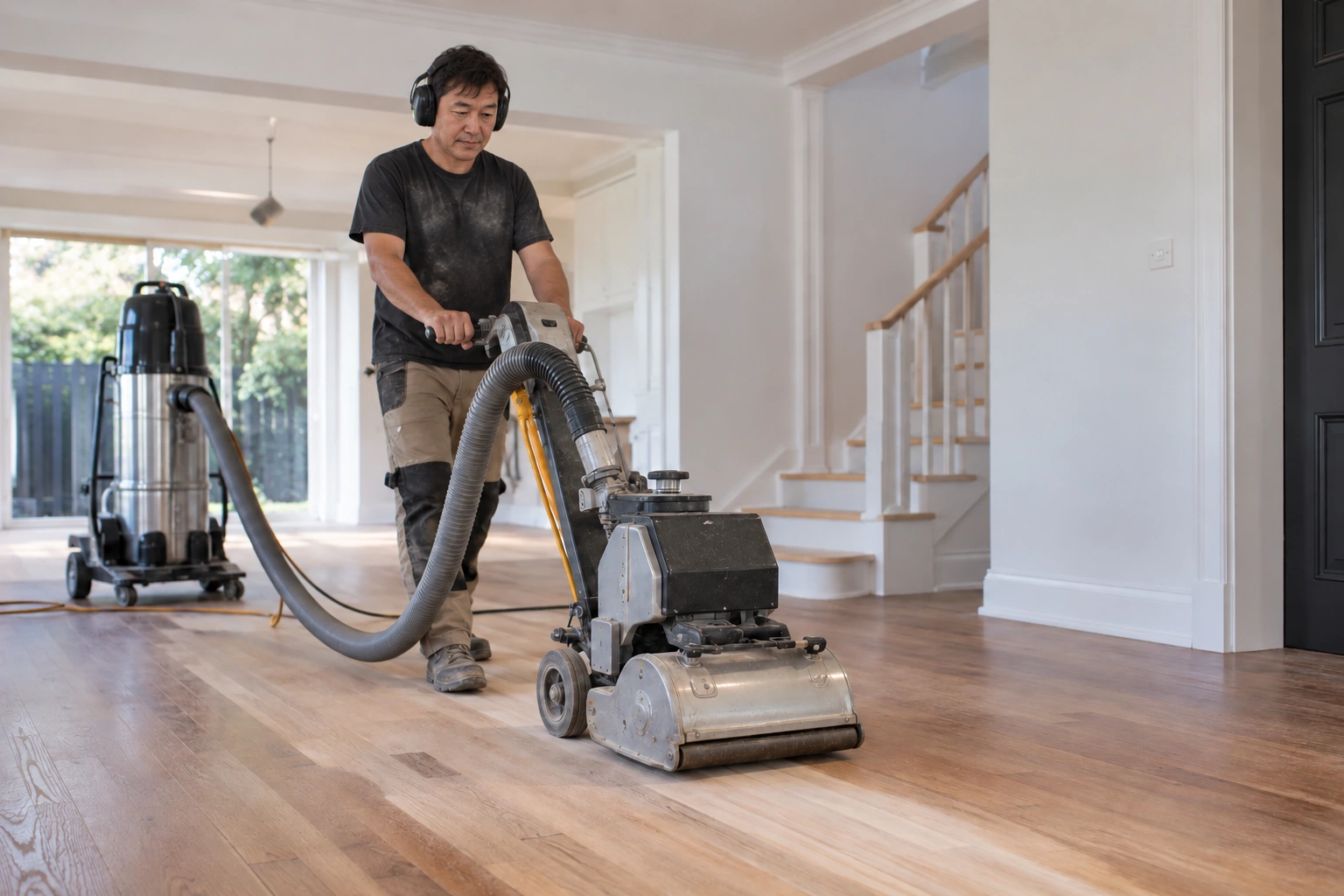 Floor sanding equipment being used on a timber floor
