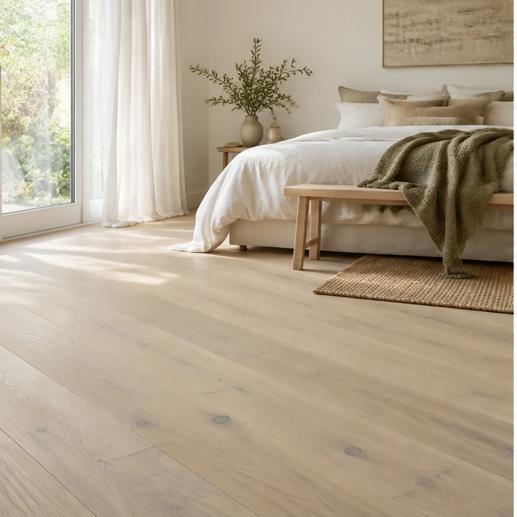 Pale, lime-style finish on timber flooring