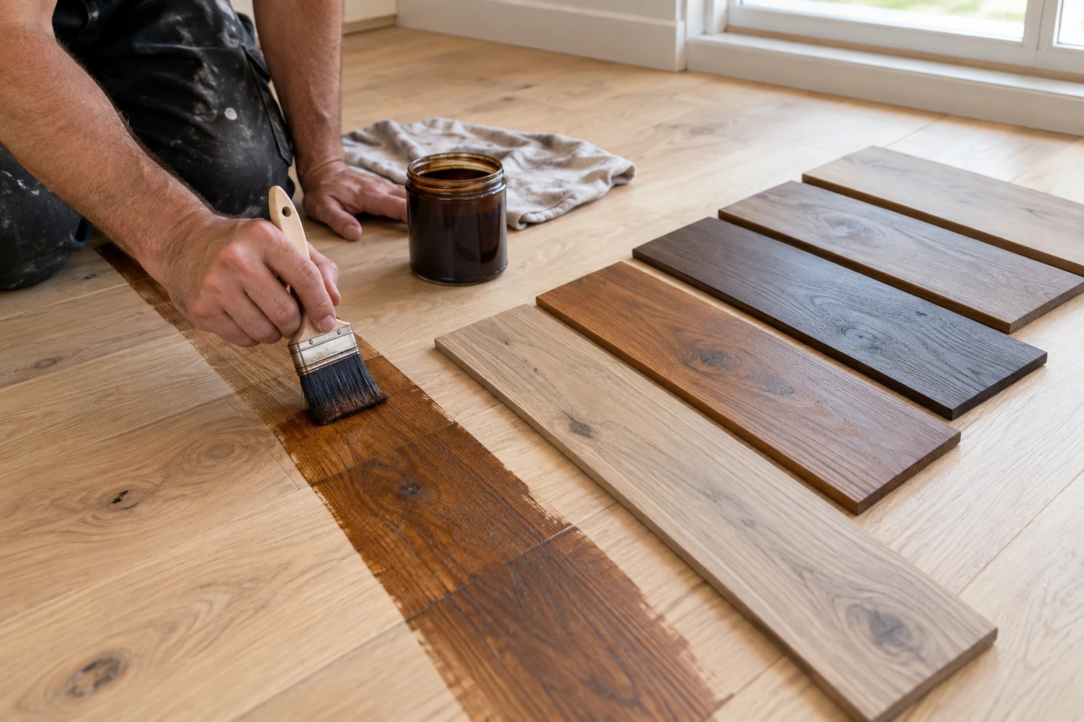 Timber stain sample being applied to prepared wood flooring